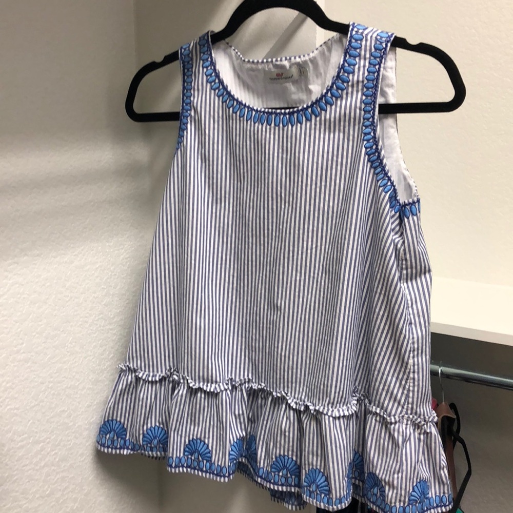 Blue striped sleeveless top with embroidery detail